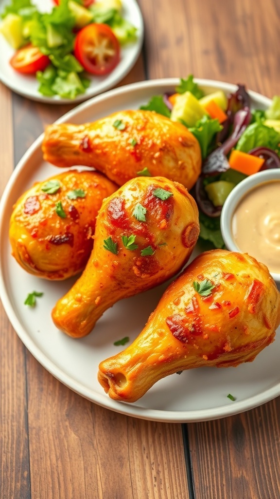 Baked chicken drumsticks on a plate, garnished with herbs, served with salad and dipping sauce.